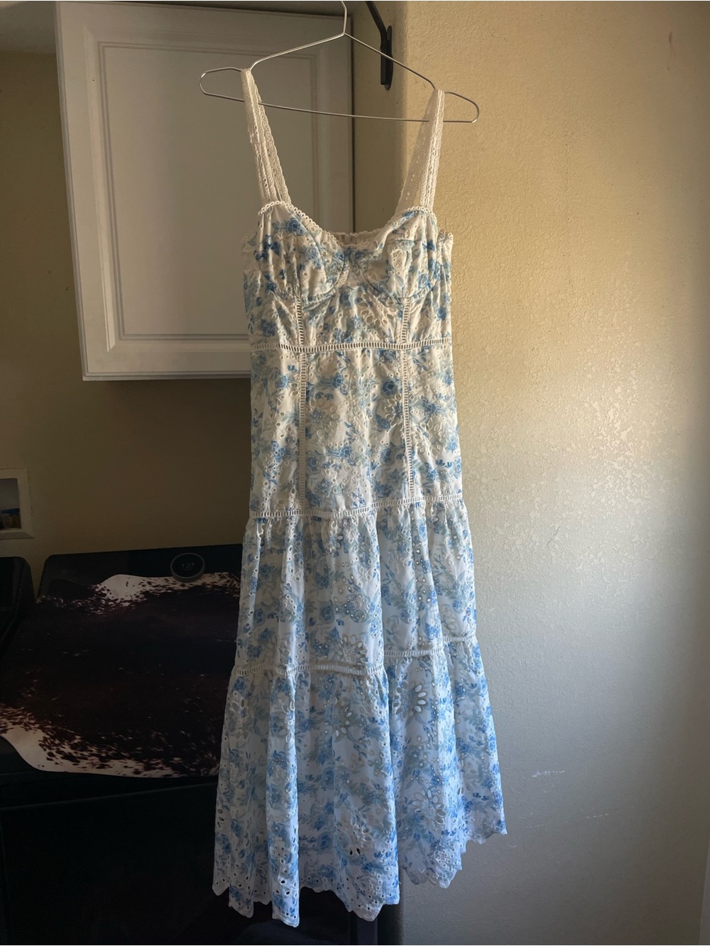 Astr Floral Eyelet Maxi Dress in White and Light Blue - Picture 1 of 4